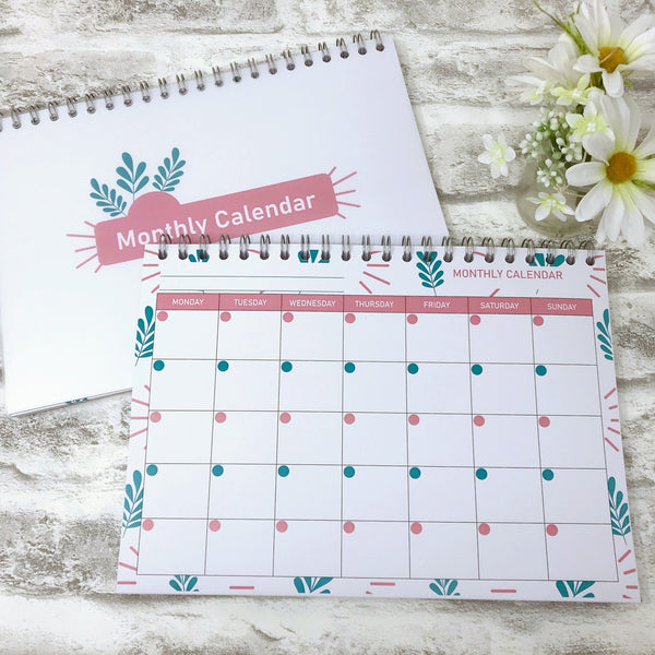 A4 UNDATED MONTHLY PLANNER SPIRAL PAD - LEAF PRINT